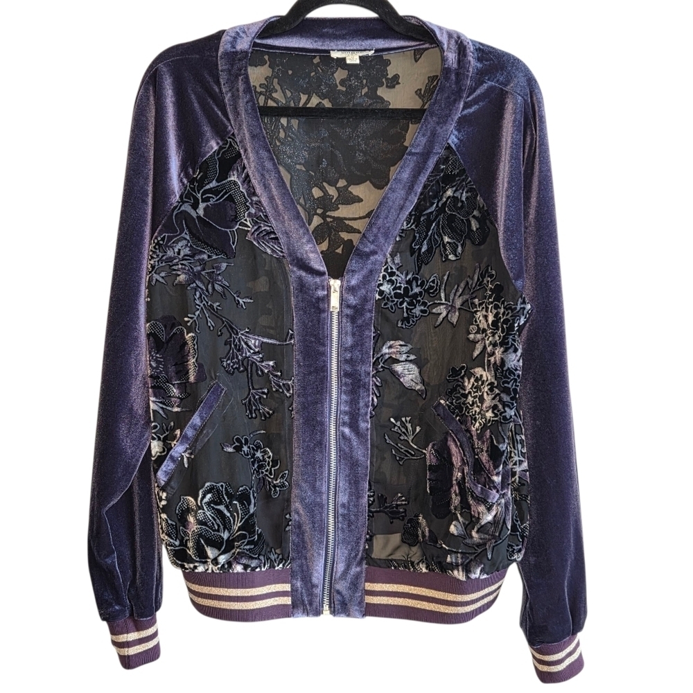 Umgee Velvet Burnout Sheer Mesh Floral Bomber Jacket Sz M Boho Whimsigoth